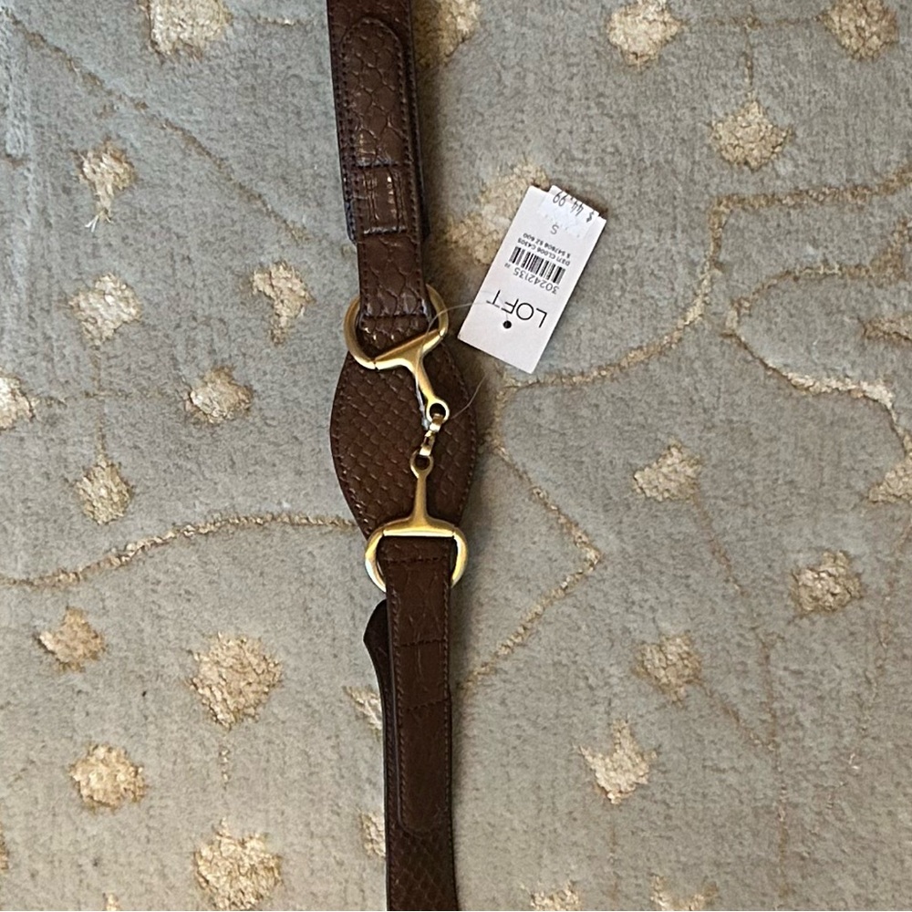 Ann Taylor LOFT Brown Crocodile-Embossed Belt with Gold Buckle